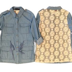 Jealous Tomato NWOT Utility Jacket/Top Ivory Lace Back Snap Front Blue Medium